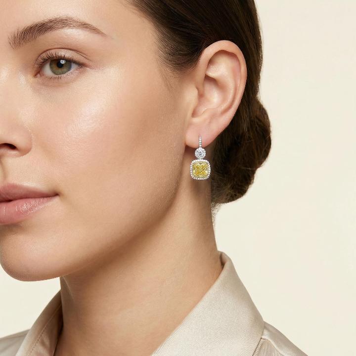 White Round Cut & Fancy Yellow Cushion Cut Halo Earring in Sterling Silver