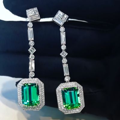 Luxurious Green Emerald Cut Halo Drop Earring in Sterling Silver