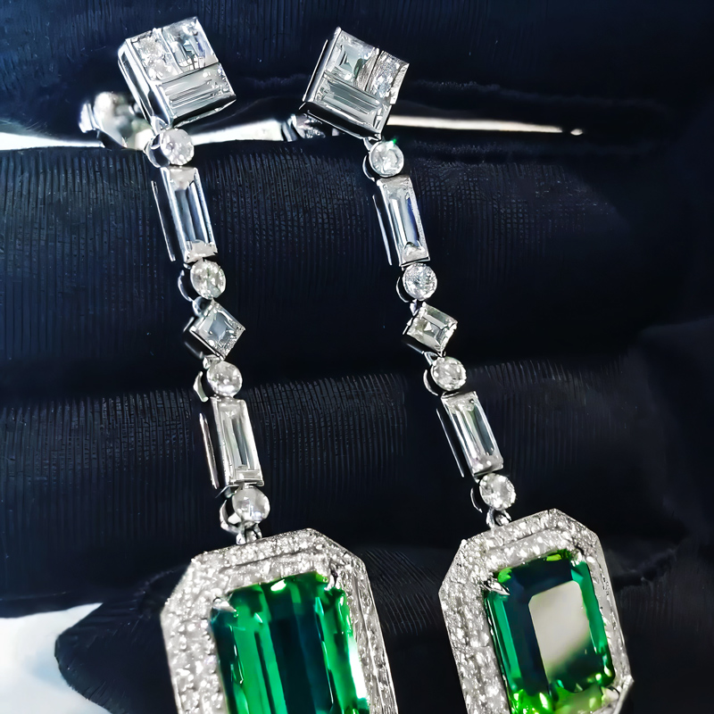 Luxurious Green Emerald Cut Halo Drop Earring in Sterling Silver