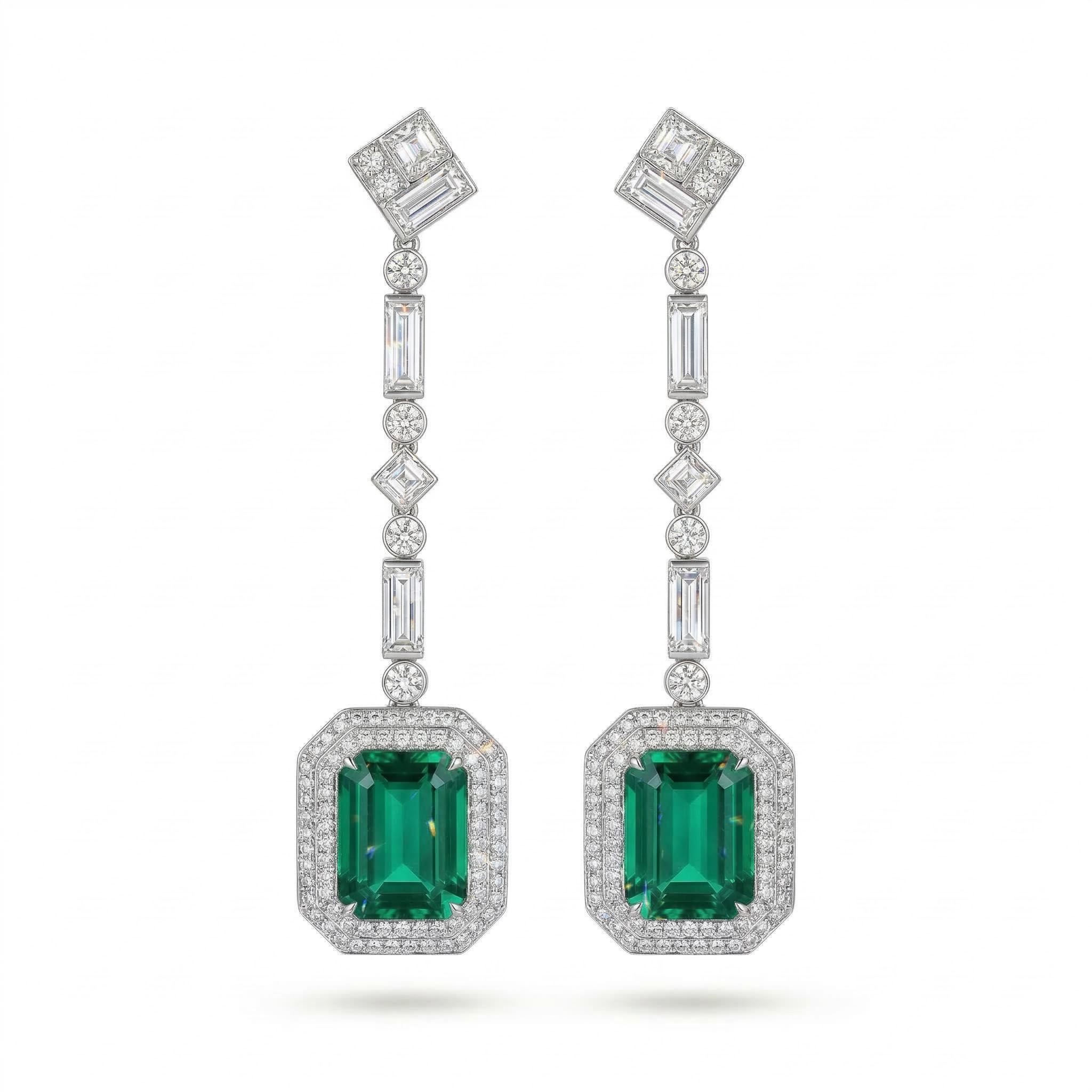 Luxurious Green Emerald Cut Halo Drop Earring in Sterling Silver