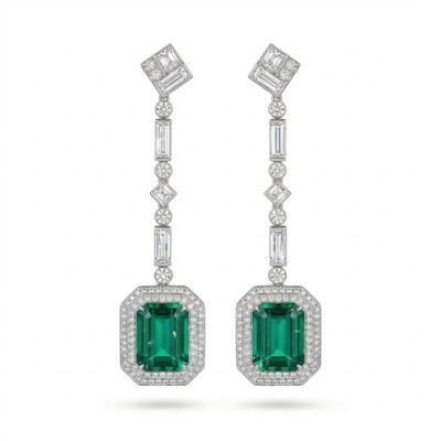 Luxurious Green Emerald Cut Halo Drop Earring in Sterling Silver