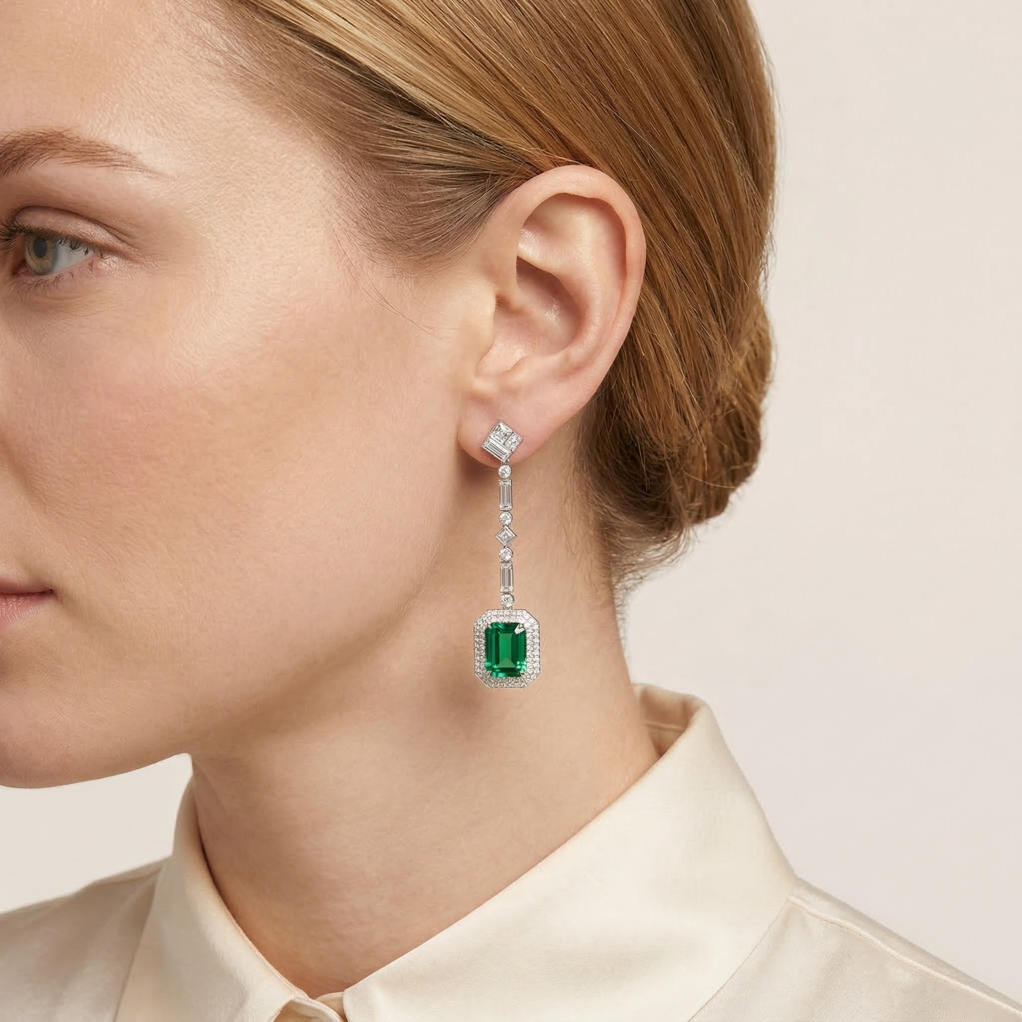 Luxurious Green Emerald Cut Halo Drop Earring in Sterling Silver