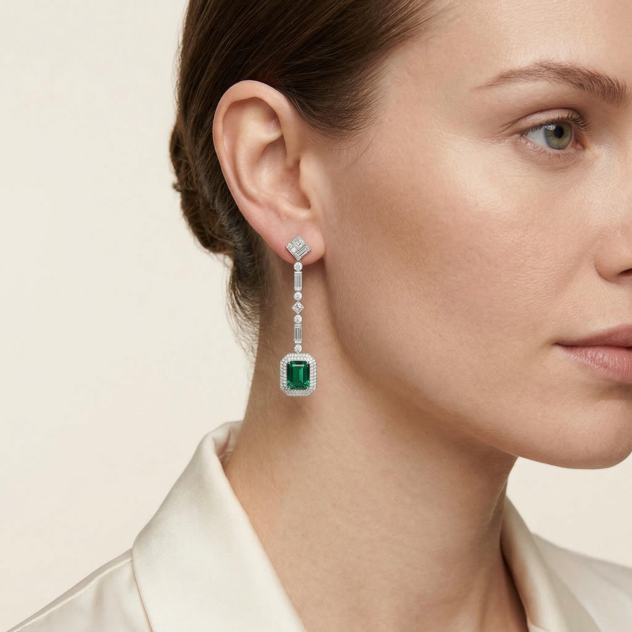 Luxurious Green Emerald Cut Halo Drop Earring in Sterling Silver