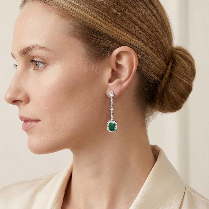 Luxurious Green Emerald Cut Halo Drop Earring in Sterling Silver