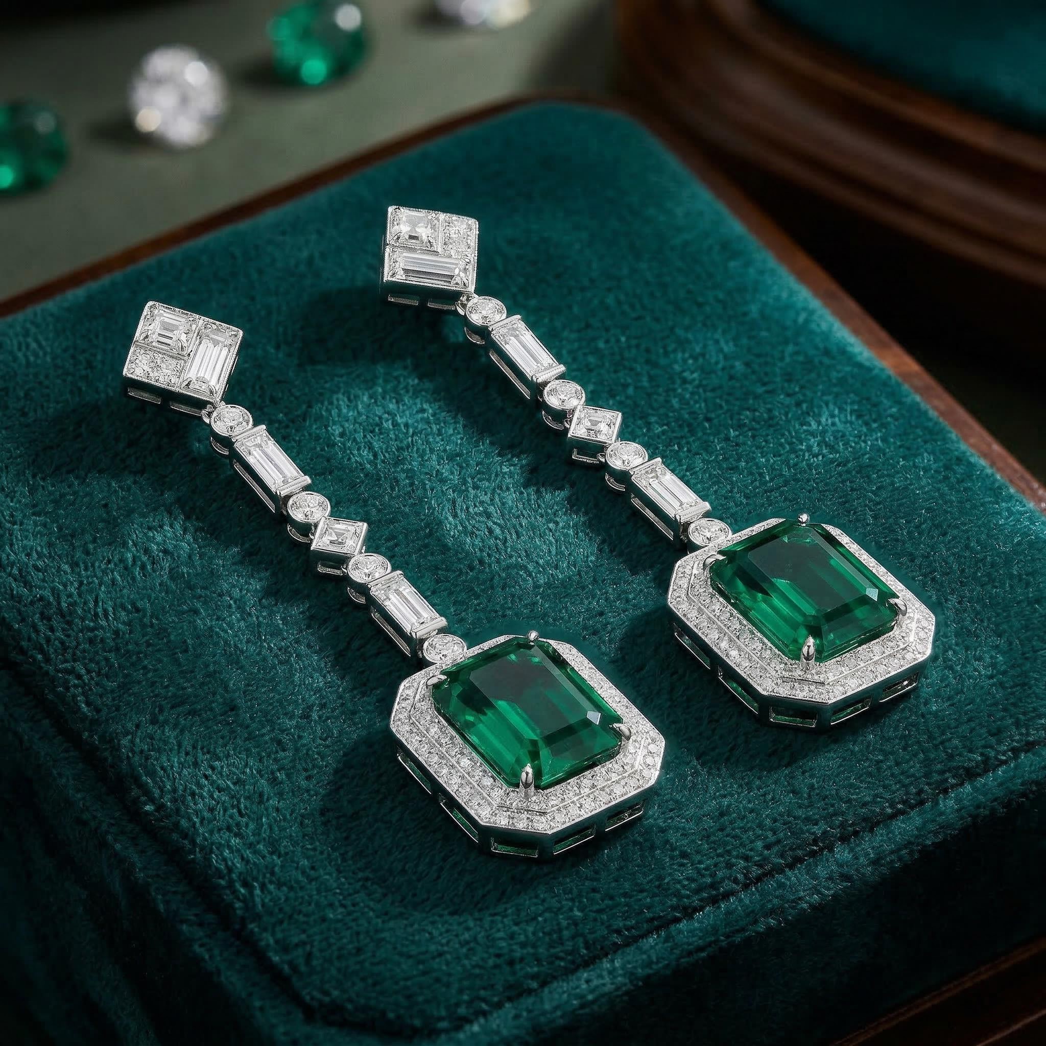 Luxurious Green Emerald Cut Halo Drop Earring in Sterling Silver