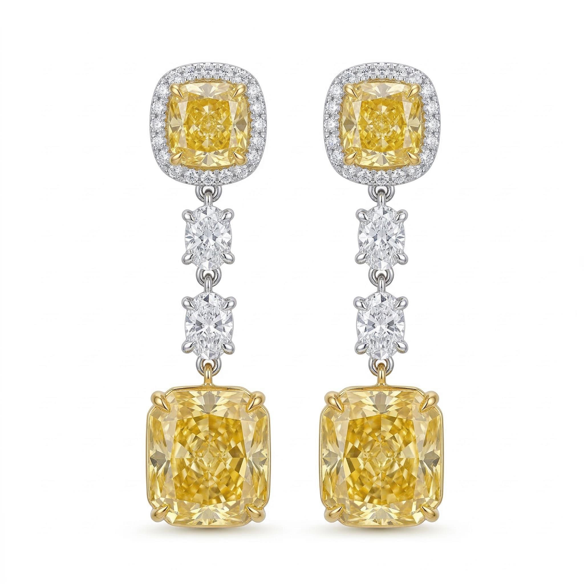 Fancy Yellow Cushion Cut & Radiant Cut Drop Earring