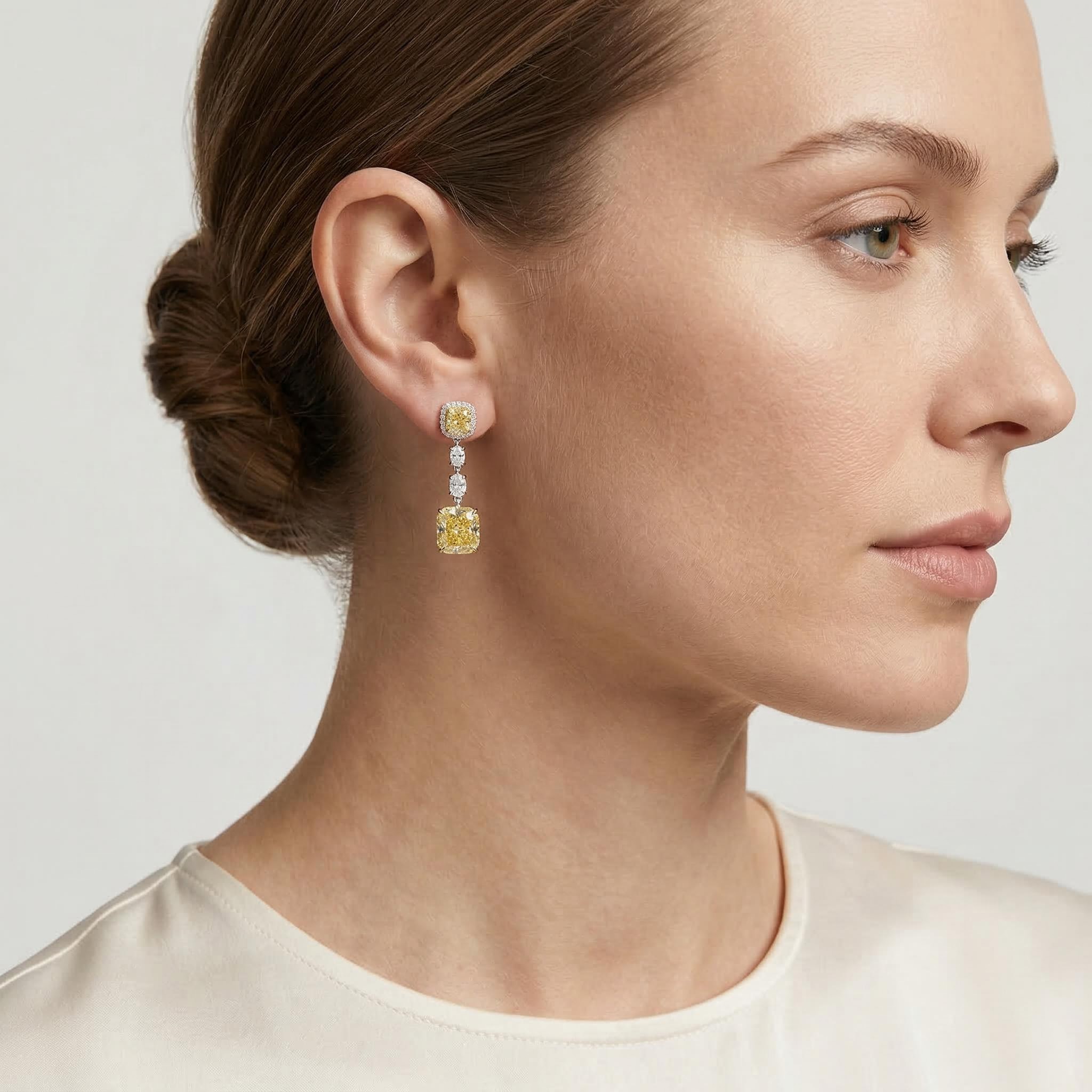 Fancy Yellow Cushion Cut & Radiant Cut Drop Earring