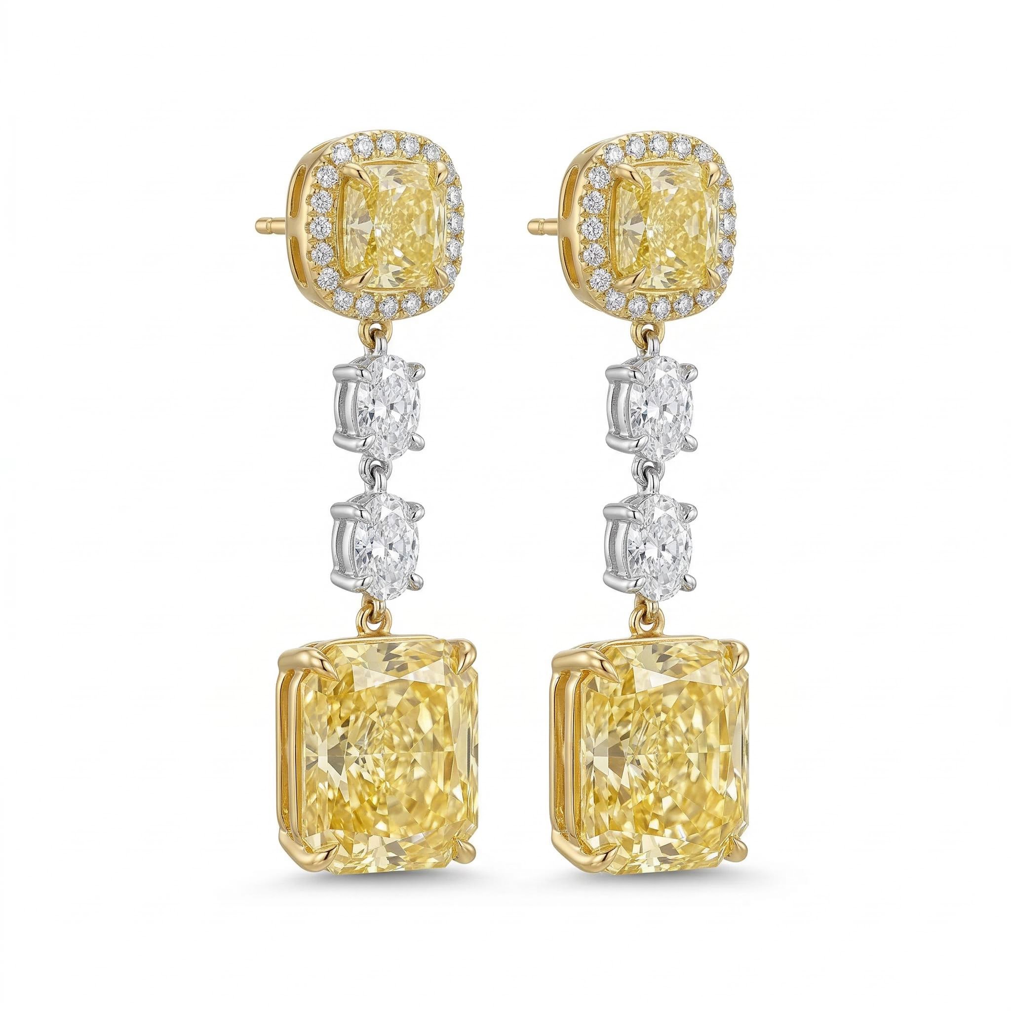 Fancy Yellow Cushion Cut & Radiant Cut Drop Earring