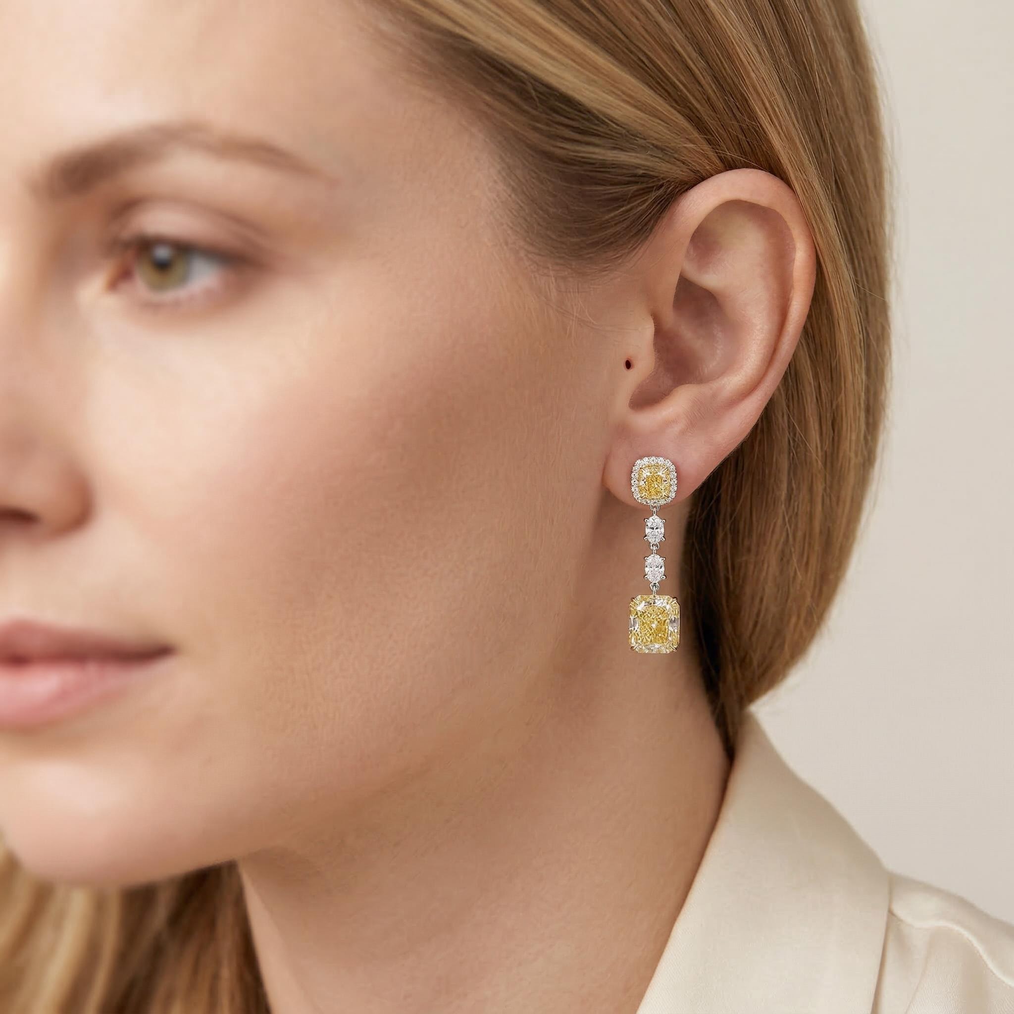 Fancy Yellow Cushion Cut & Radiant Cut Drop Earring