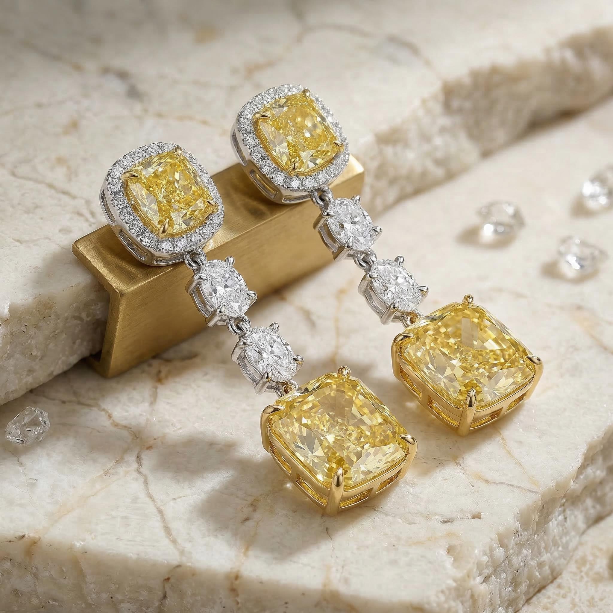 Fancy Yellow Cushion Cut & Radiant Cut Drop Earring
