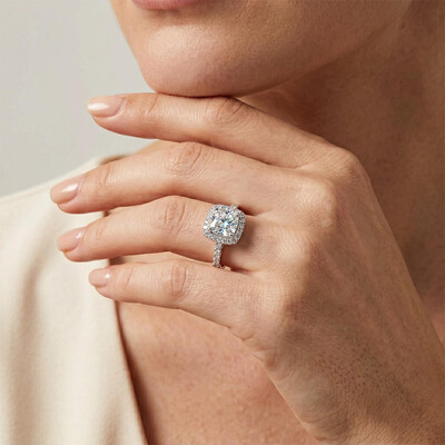 Iced Cushion Cut 925 Sterling Silver Engagement Ring