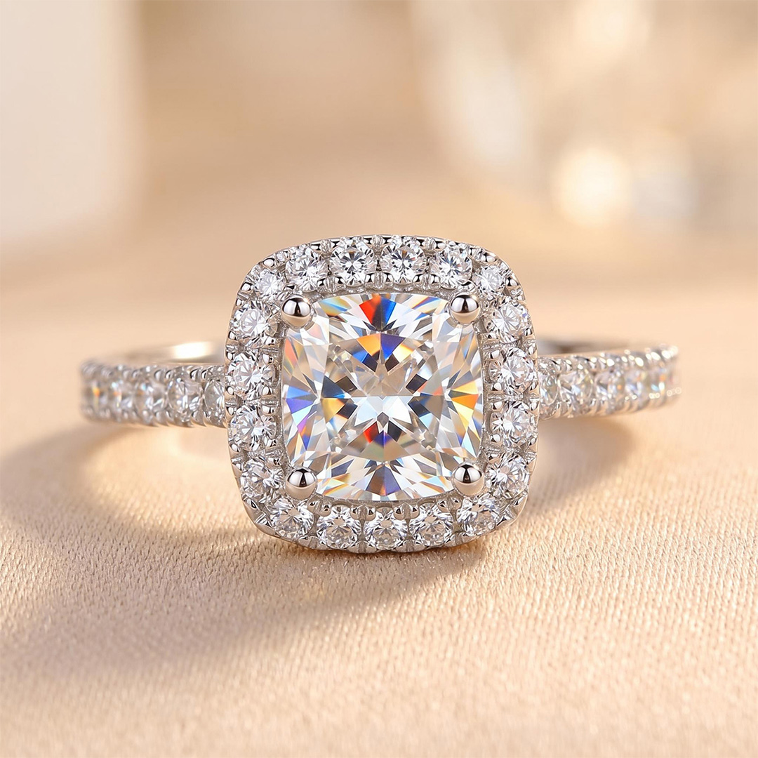 Iced Cushion Cut 925 Sterling Silver Engagement Ring