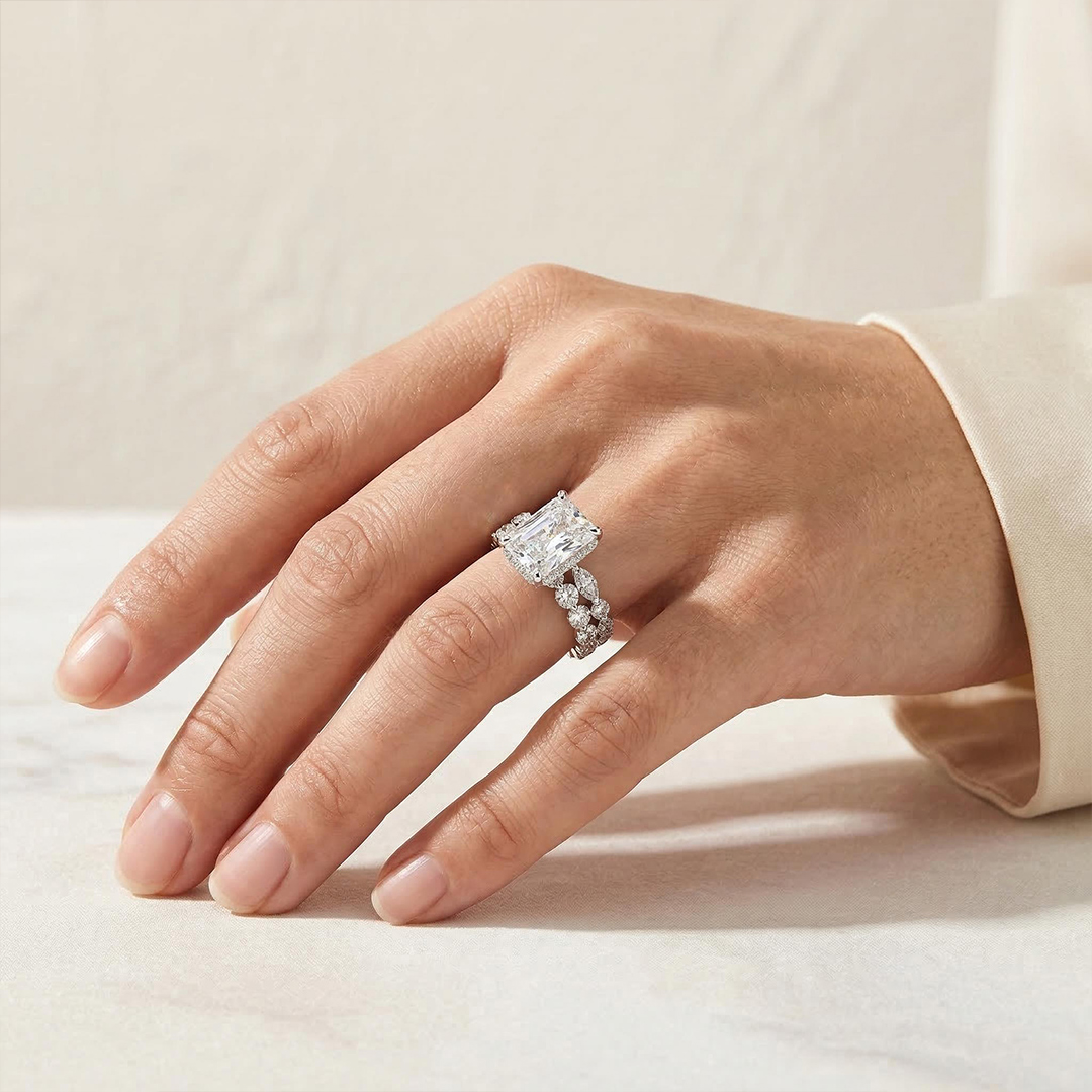 Flawless Emerald Cut Engagement Ring Set in Sterling Silver Flawless Emerald Cut Engagement Ring Set in Sterling Silver