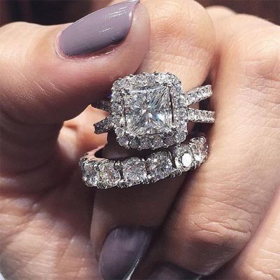 Refined Princess Cut Enternal Sterling Silver Engagement Ring Set