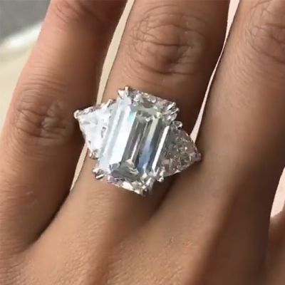 Stunning Three-Stone Emerald Cut Wedding Ring In Sterling Silver