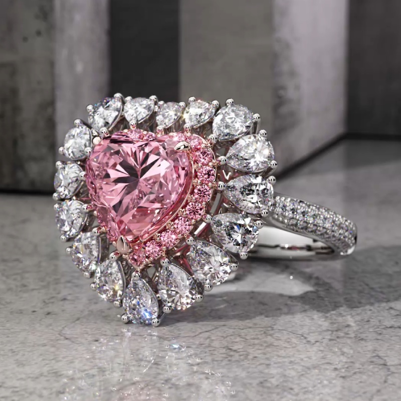 Pink Sweet Heart Cut & Pear Cut Engagement Ring In Sterling Silver