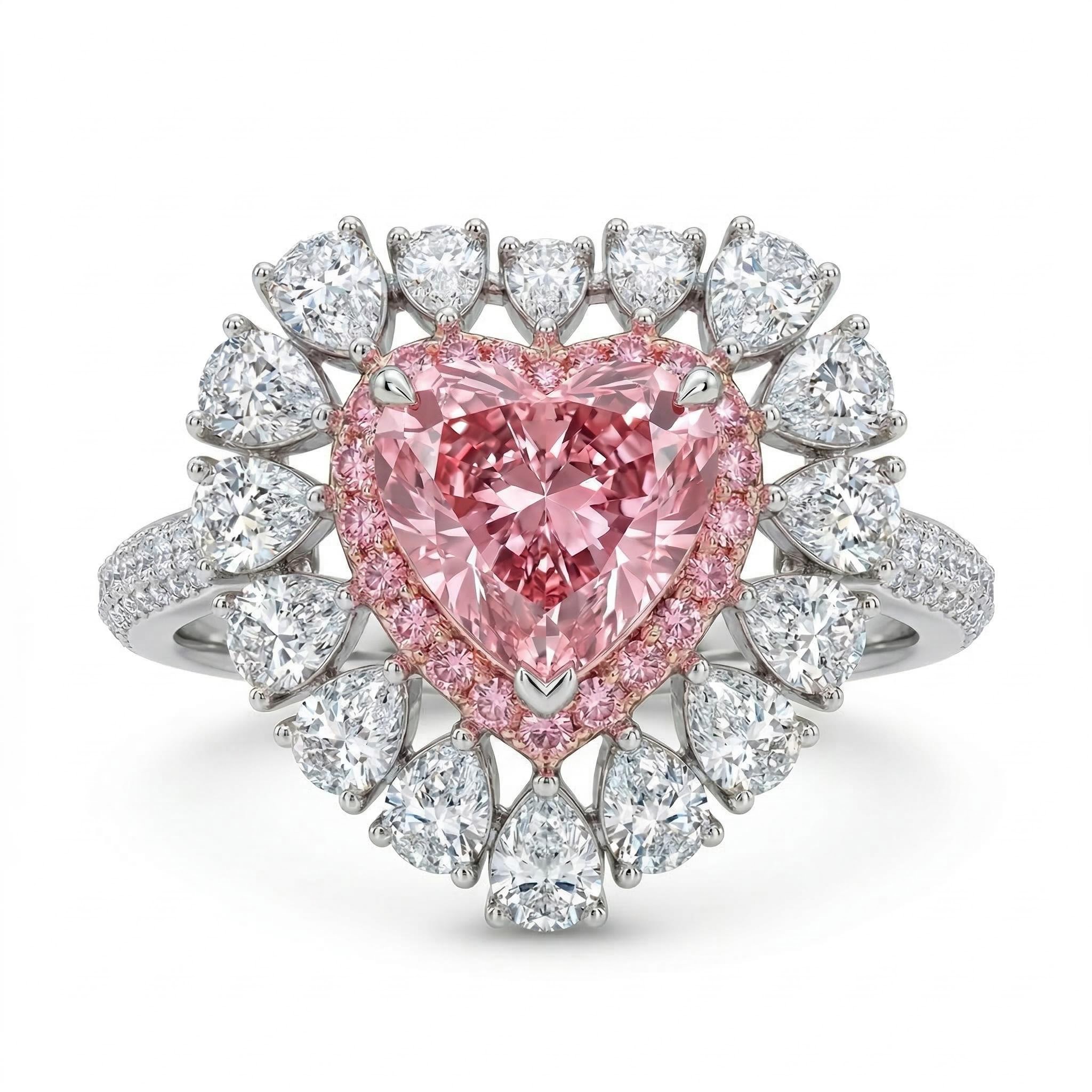 Pink Sweet Heart Cut & Pear Cut Engagement Ring In Sterling Silver Pink Sweet Heart Cut & Pear Cut Engagement Ring In Sterling Silver