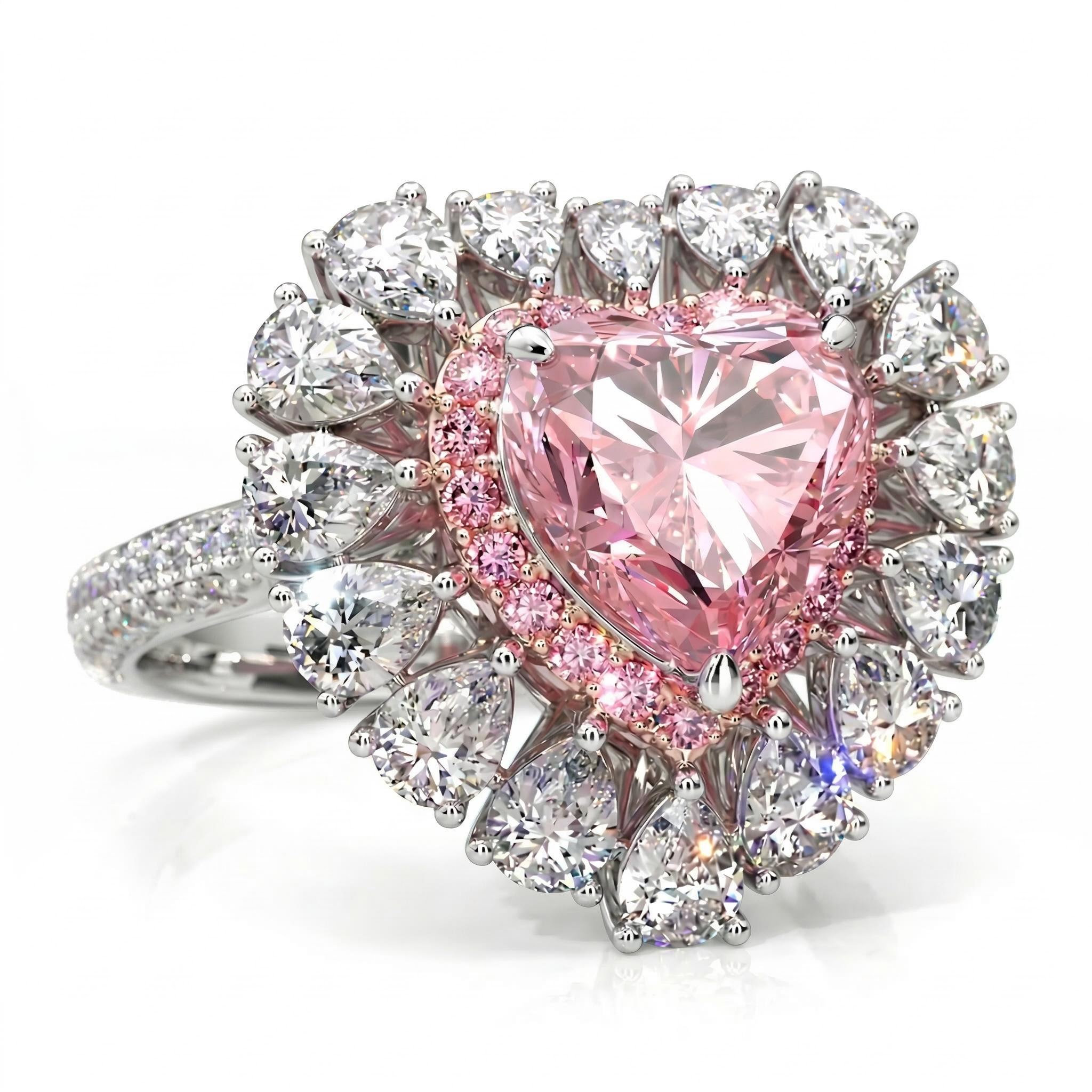 Pink Sweet Heart Cut & Pear Cut Engagement Ring In Sterling Silver Pink Sweet Heart Cut & Pear Cut Engagement Ring In Sterling Silver