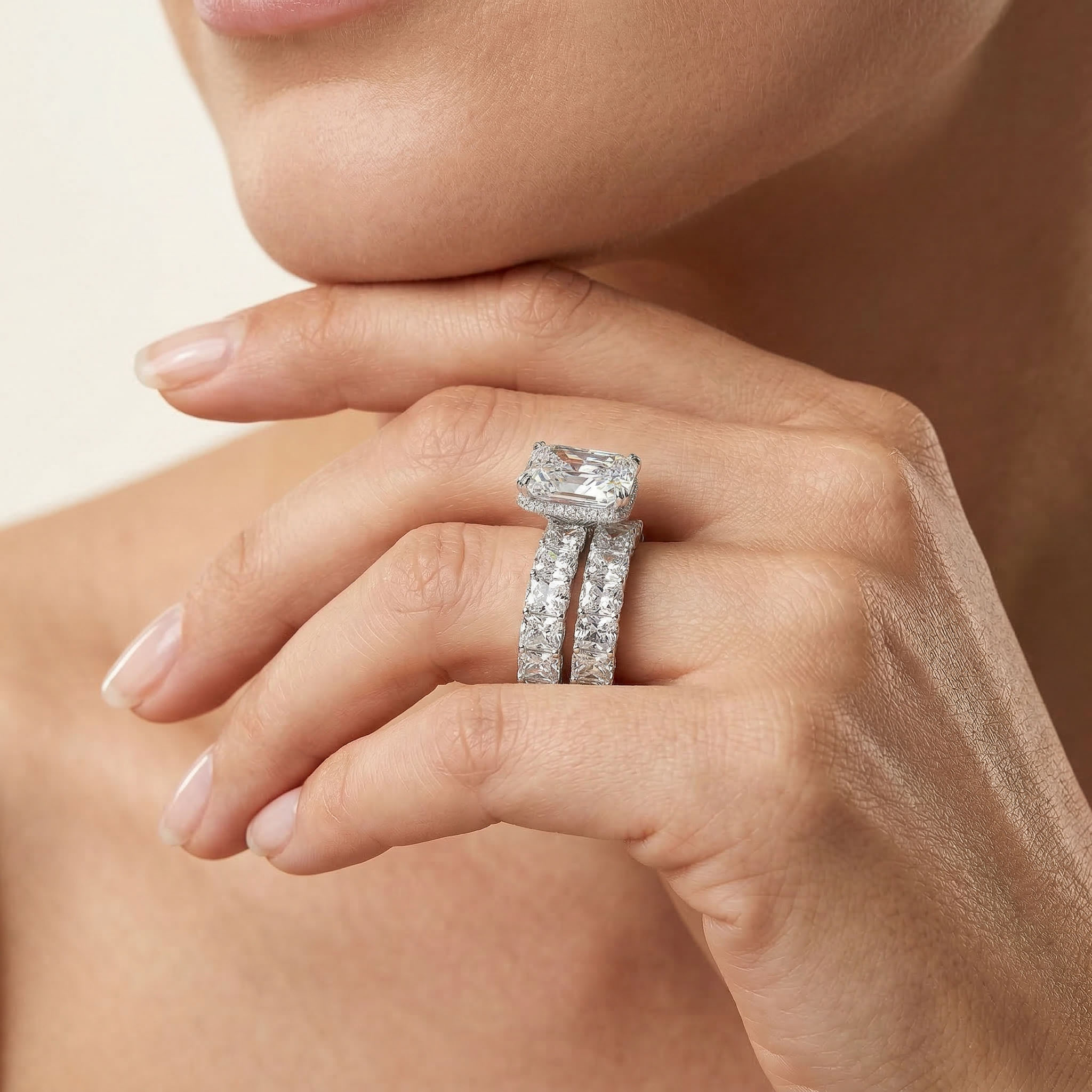 Micro Pave Radiant Cut 925 Sterling Silver Engagement Ring Set