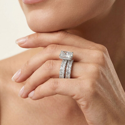 Micro Pave Radiant Cut 925 Sterling Silver Engagement Ring Set