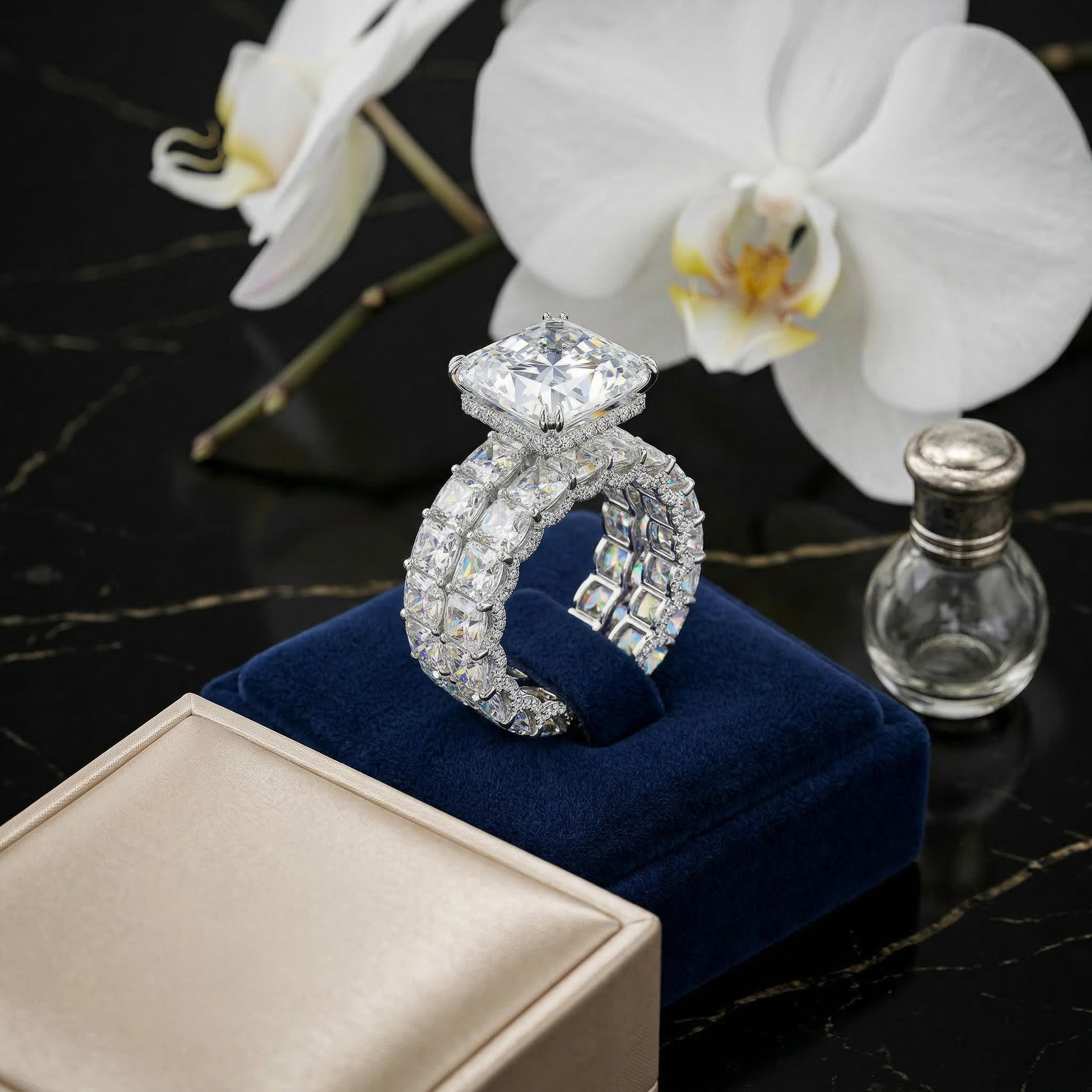 Micro Pave Radiant Cut 925 Sterling Silver Engagement Ring Set