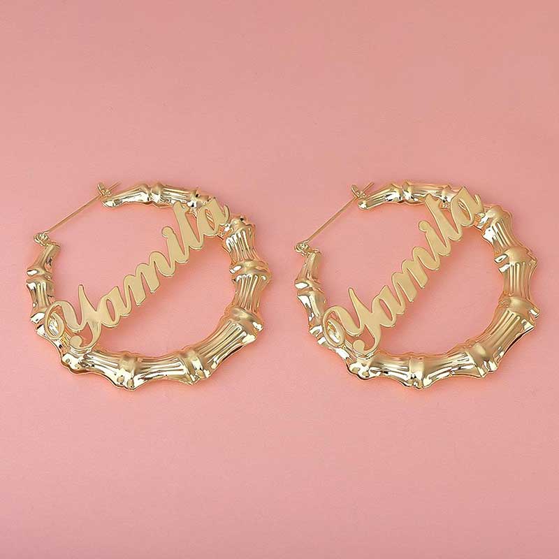 Personalized Bamboo Name Hoop Earrings in Gold