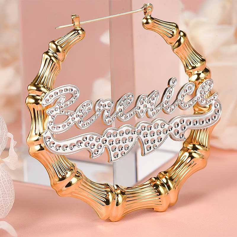 Personalized Two Tone Double Heart Bamboo Name Hoop Earrings