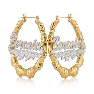 Personalized Two Tone Double Heart Bamboo Name Hoop Earrings