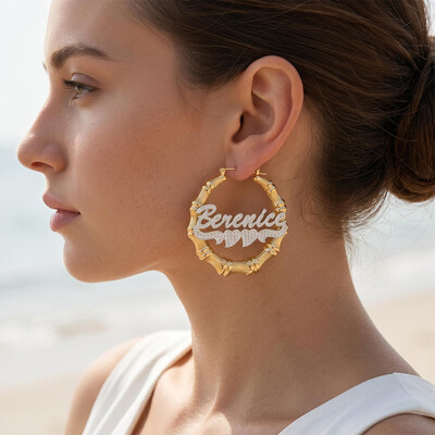 Personalized Two Tone Double Heart Bamboo Name Hoop Earrings
