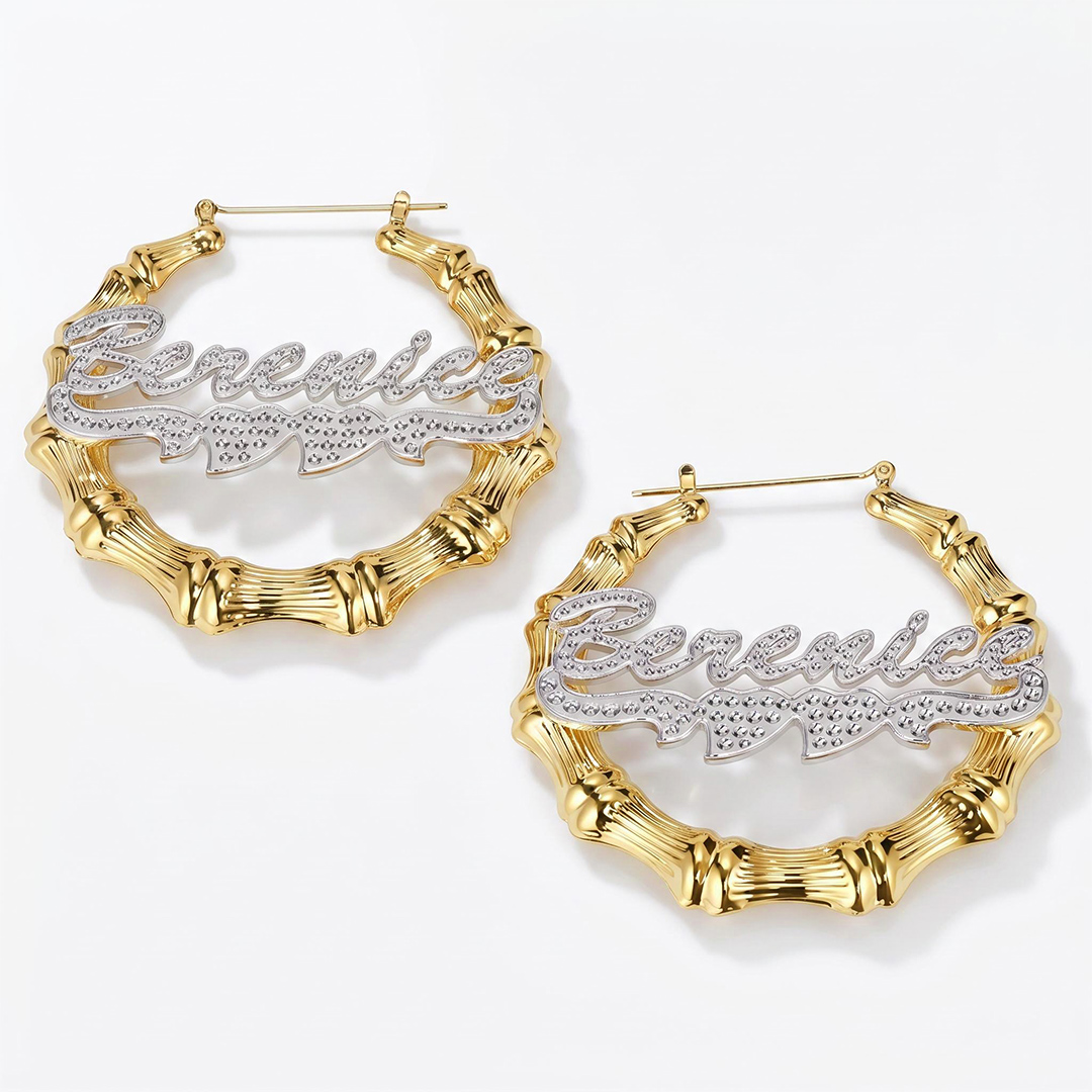 Personalized Two Tone Double Heart Bamboo Name Hoop Earrings