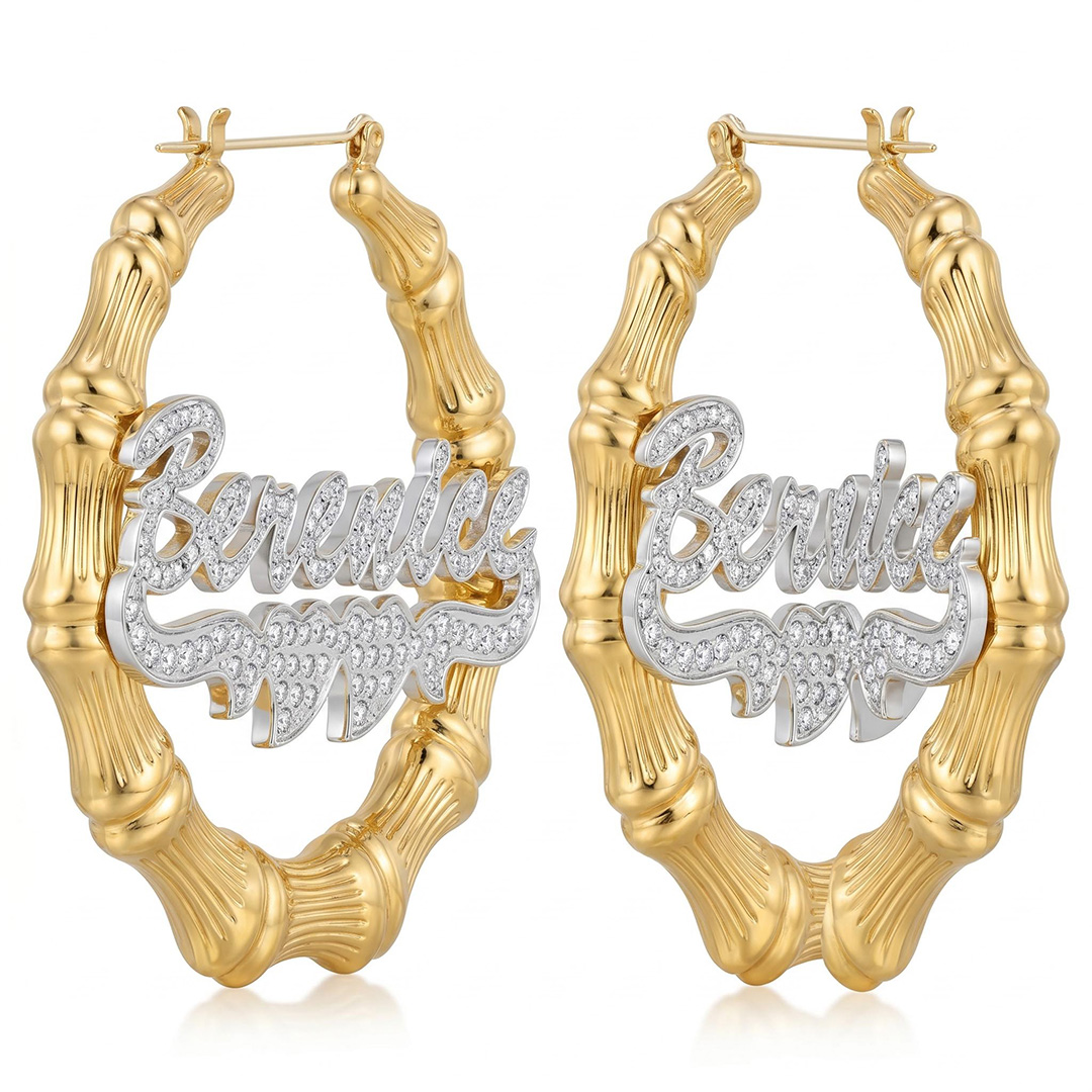 Personalized Two Tone Double Heart Bamboo Name Hoop Earrings