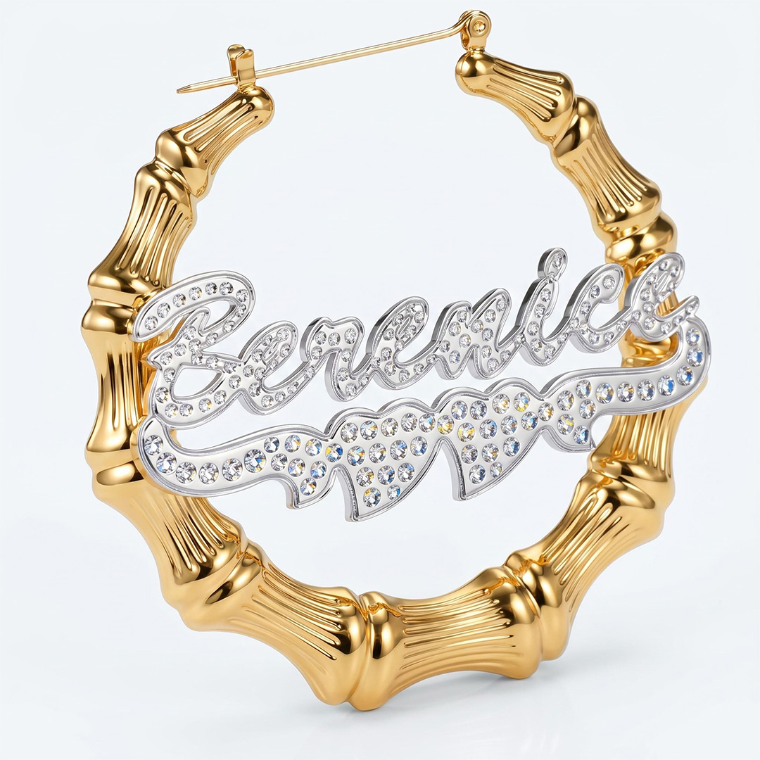 Personalized Two Tone Double Heart Bamboo Name Hoop Earrings