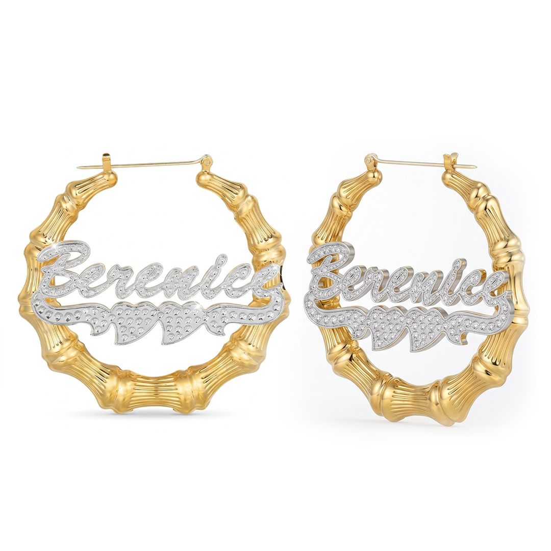 Personalized Two Tone Double Heart Bamboo Name Hoop Earrings