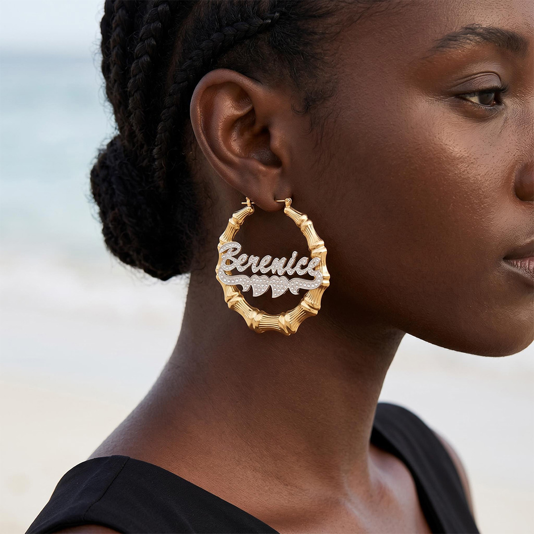 Personalized Two Tone Double Heart Bamboo Name Hoop Earrings