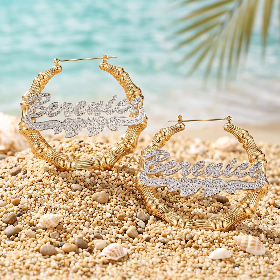 Personalized Two Tone Double Heart Bamboo Name Hoop Earrings