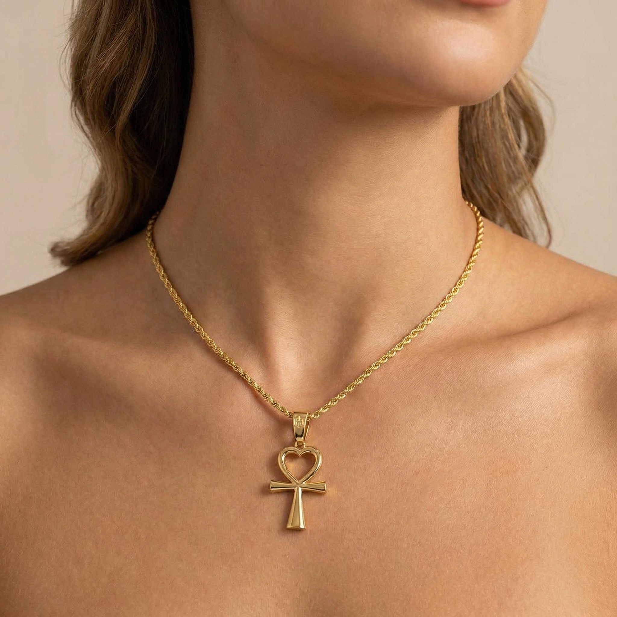 Women's Heart Shape Ankh Cross Pendant in Gold