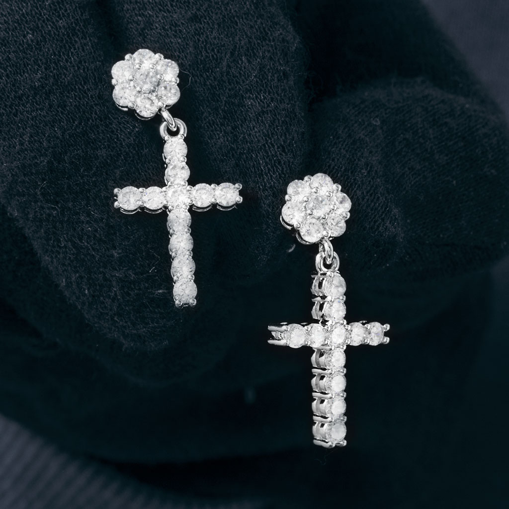 Women's Flower Cluster Cross Earrings in White Gold