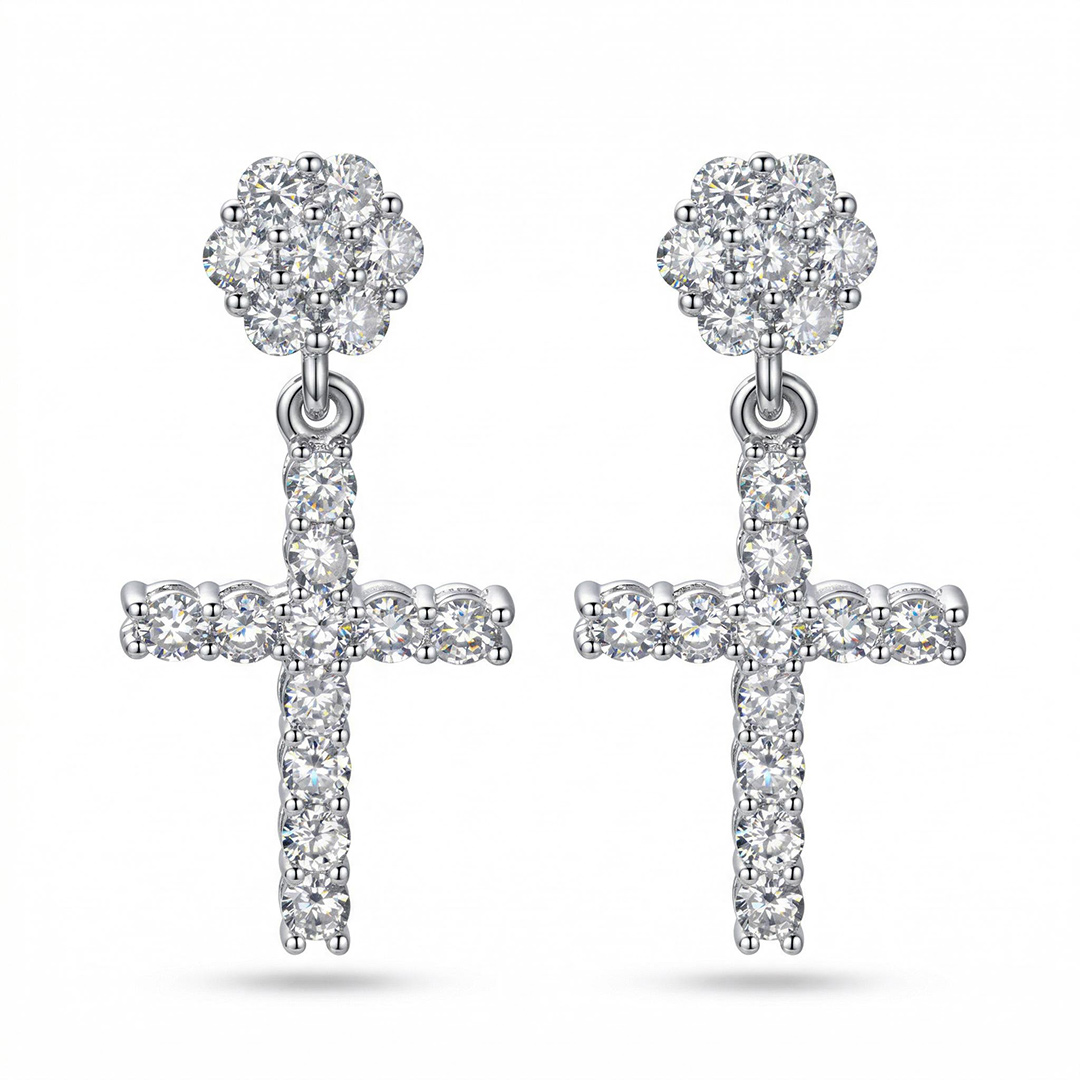 Women's Flower Cluster Cross Earrings in White Gold