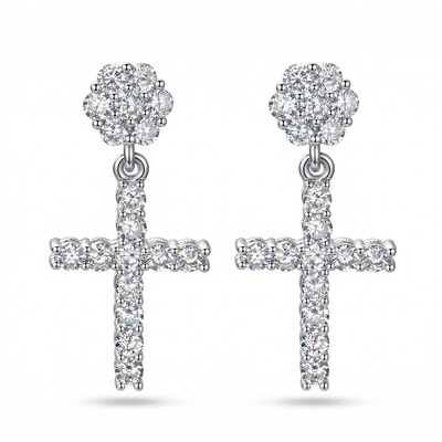 Women's Flower Cluster Cross Earrings in White Gold