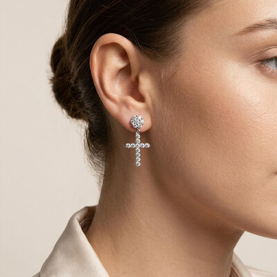 Women's Flower Cluster Cross Earrings in White Gold