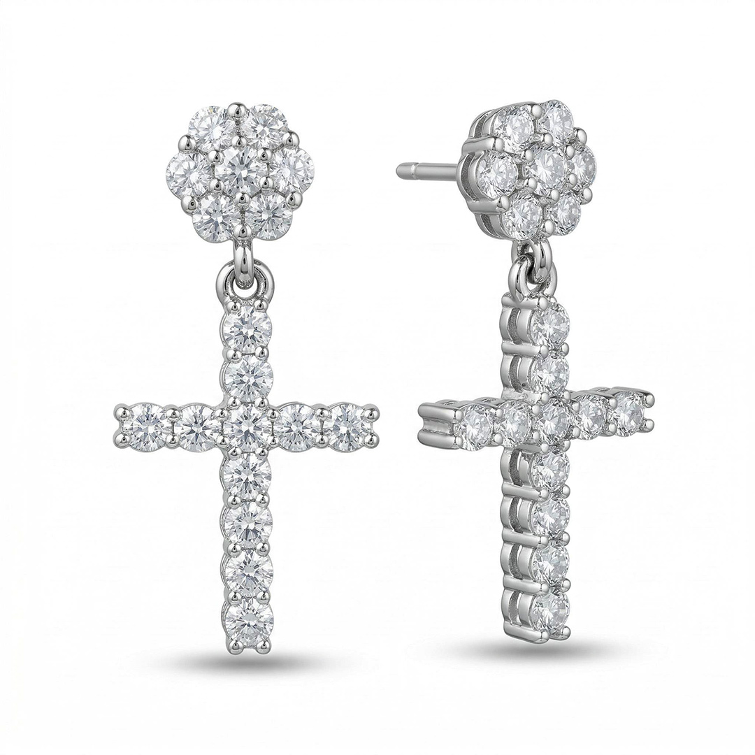 Women's Flower Cluster Cross Earrings in White Gold