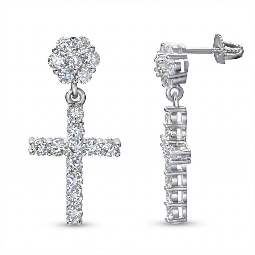 Women's Flower Cluster Cross Earrings in White Gold