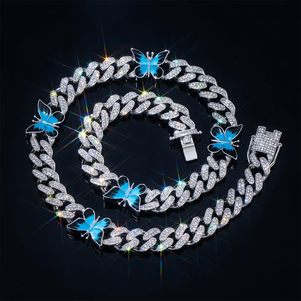  Butterfly 12mm Iced Cuban Chain in White Gold