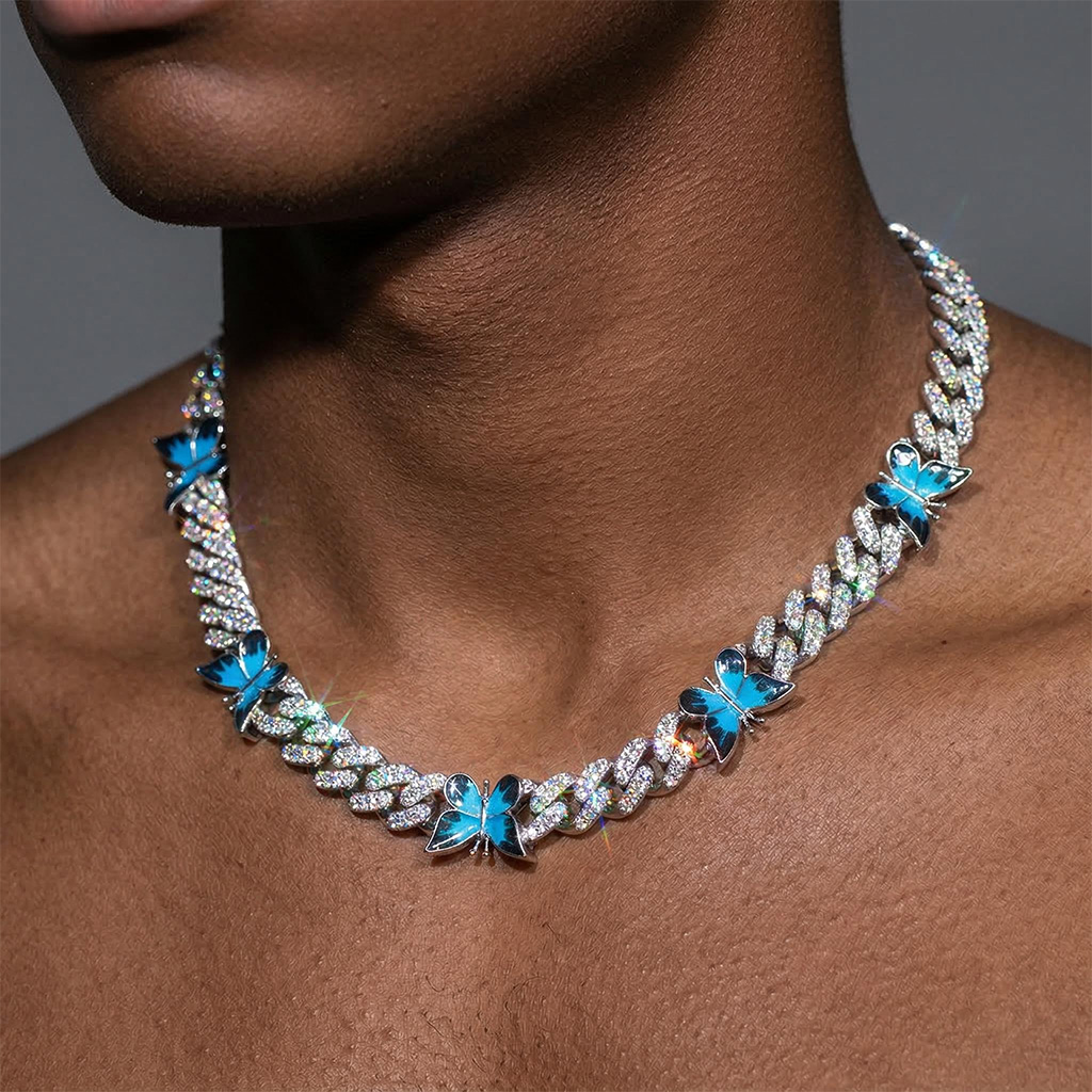  Butterfly 12mm Iced Cuban Chain in White Gold