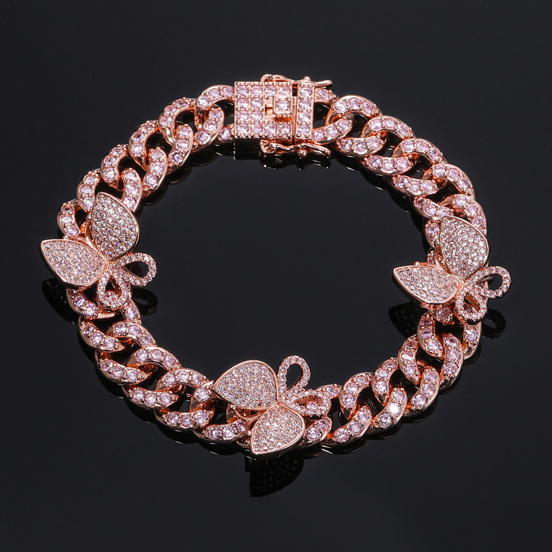 Iced Butterfly Cuban Chain Bracelet-White/Pink Stones