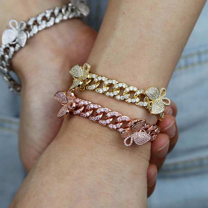 Iced Butterfly Cuban Chain Bracelet-White/Pink Stones