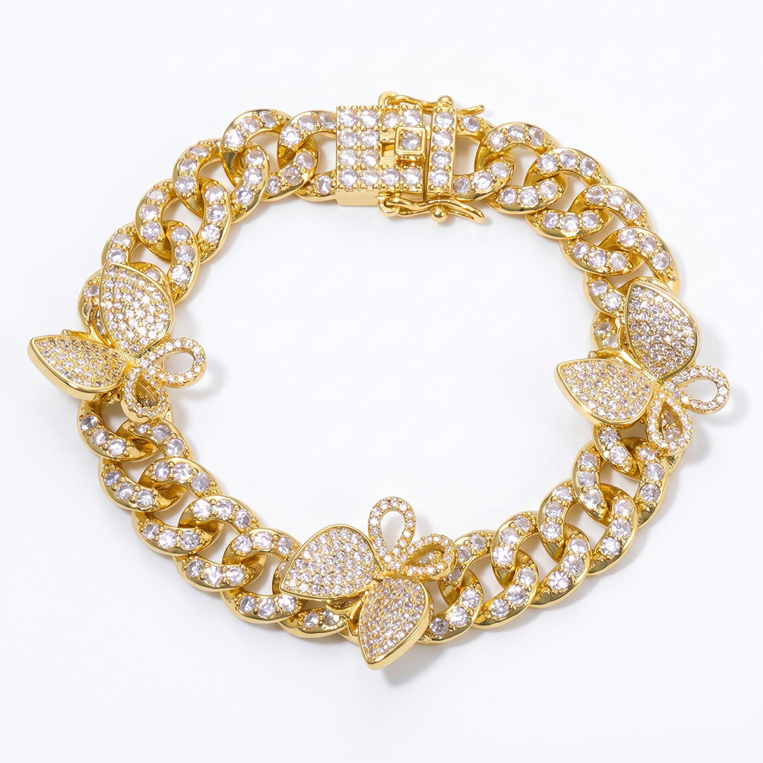 Iced Butterfly Cuban Chain Bracelet-White/Pink Stones