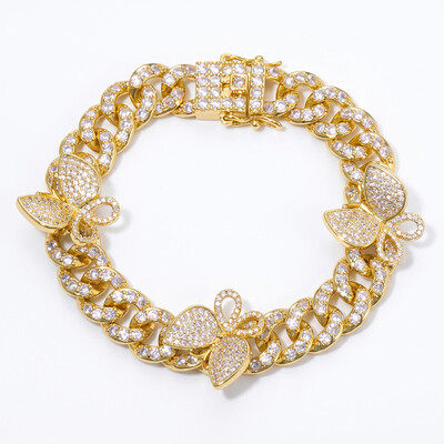 Iced Butterfly Cuban Chain Bracelet-White/Pink Stones