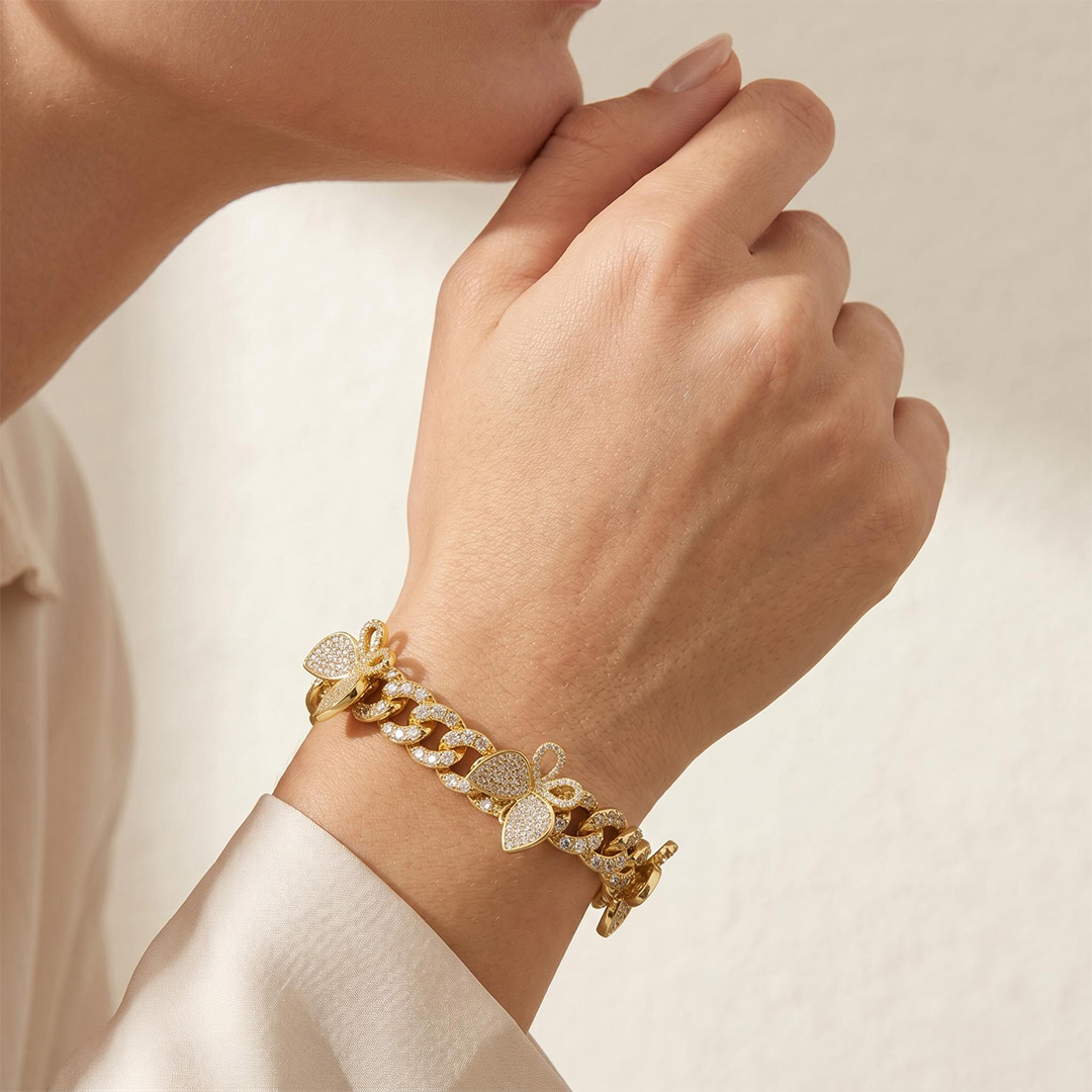 Iced Butterfly Cuban Chain Bracelet-White/Pink Stones