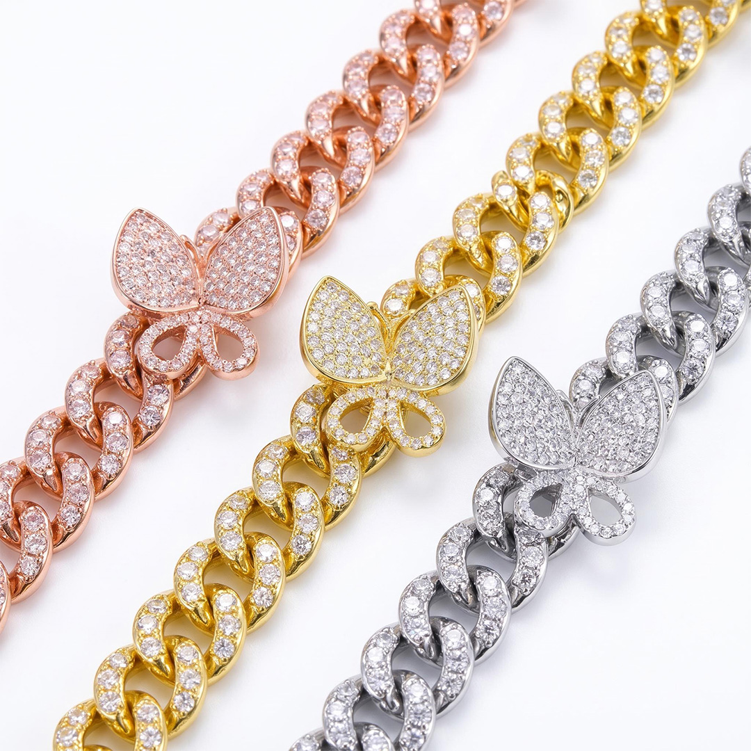 Iced Butterfly Cuban Chain Bracelet-White/Pink Stones
